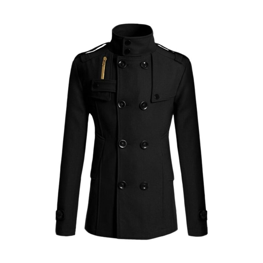 Winter Trench Coat Stand Collar Double Breasted Notch Lapel Pea Coats Black